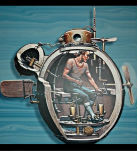 A drawing of a man inside of a round mechanical device. There are many levers and pipes around him. Two propellers are on the left side and top of the device and a rudder is on the right side. 