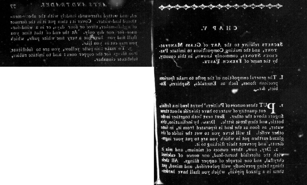 First paragraphs of Chapter 5 in One Thousand Valuable Secrets in the Elegant and Useful Arts which describes the process of creating the base used for paste gems. The images are taken from microfiche, white text against a black background.