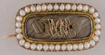Mercy Otis Warren brooch fold, seed pearls, crystal, gold foil, hair