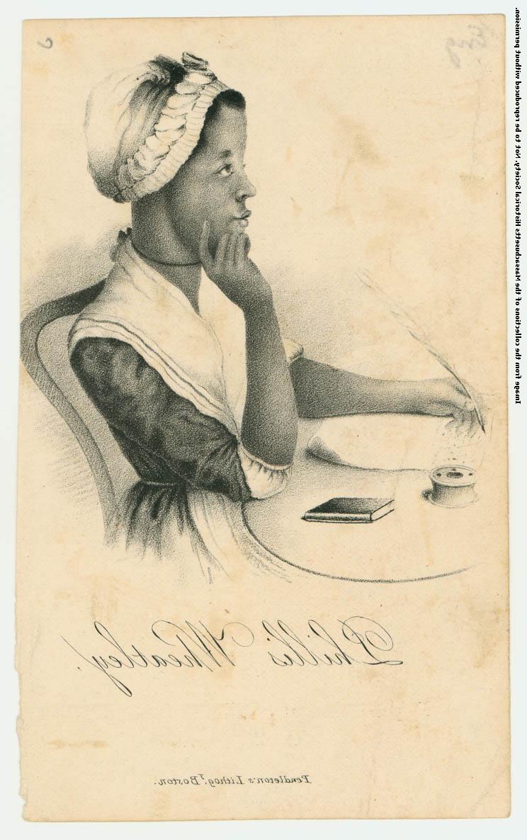engraving of the profile of a young, Black woman seated at a table with a pen in her hand. Below is the signature "Phillis Wheatley"