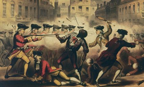 Painting of violent altercation between red-wearing British soldiers holding rifles and unarmed civilians. A black man is shot in the center. 