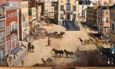 A framed painting of State street with many people, carts, and horse-drawn coaches